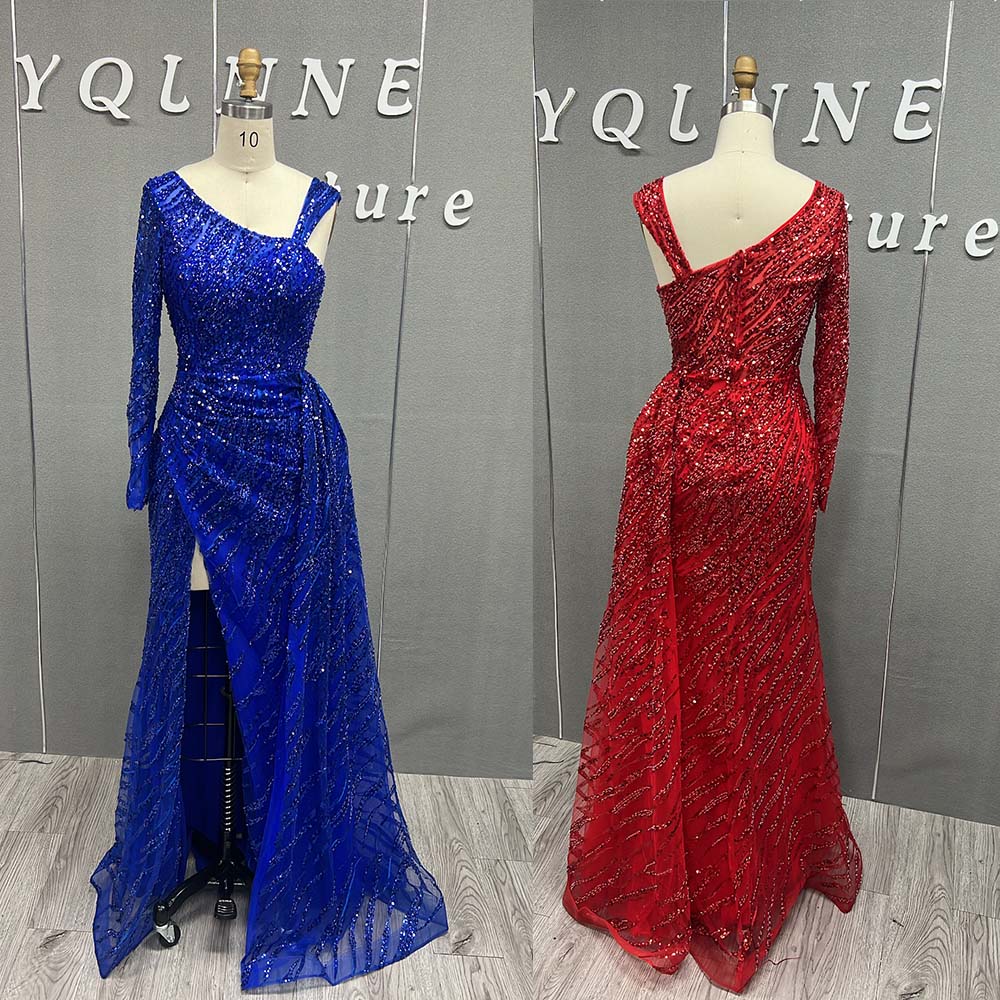 YQLNNE 0122 Royal Blue One Shoulder Crystals Beaded Long Evening Dress With Slit