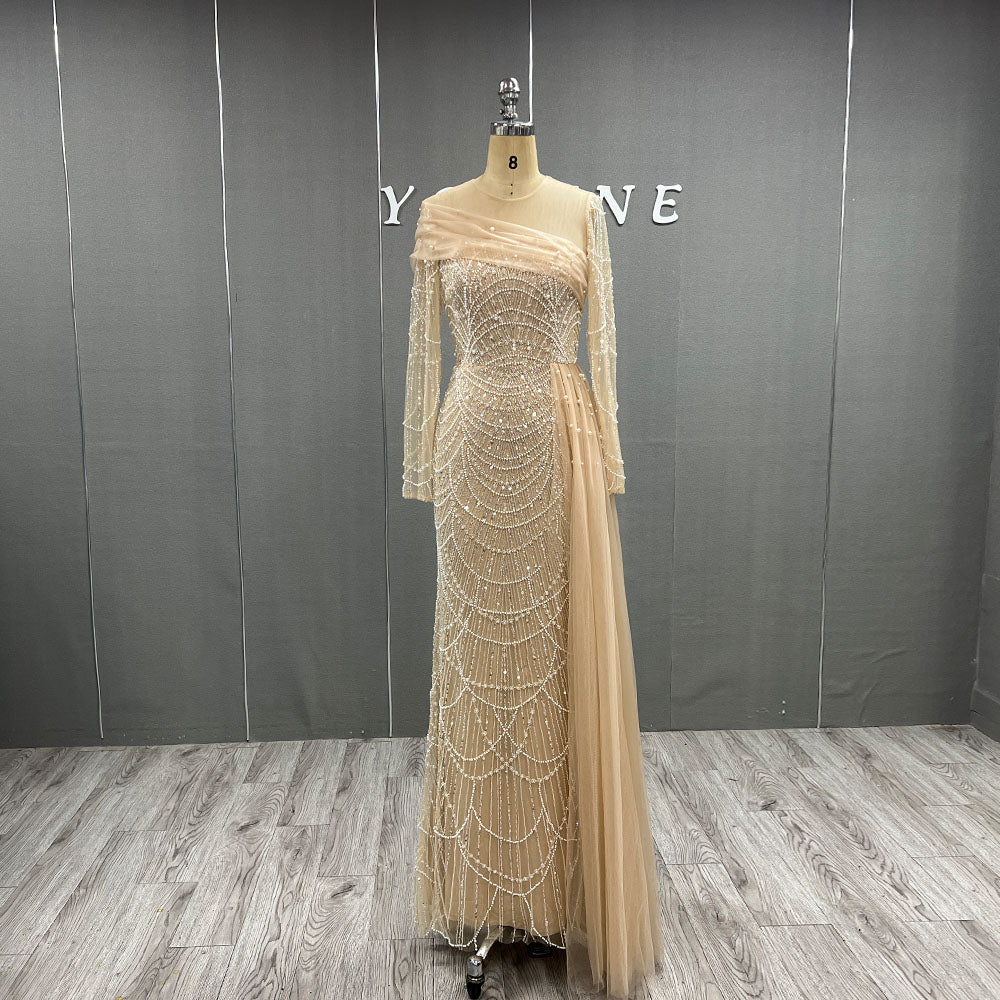 YQLNNE Modest Nude Beading Long Sleeves Evening Dress