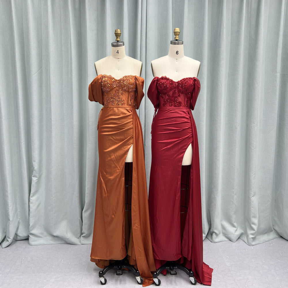 YQLNNE 016 Wine Red Satin Off the Shoulder High Slit Long Prom Dresses Mermaid Red Carpet Gown Vestidos de Gala