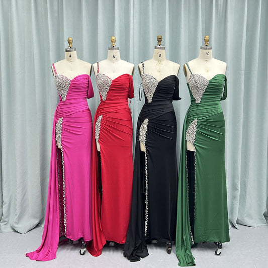 Red High Slit Crystals Long Prom Dresses One Shoulder Evening Gown