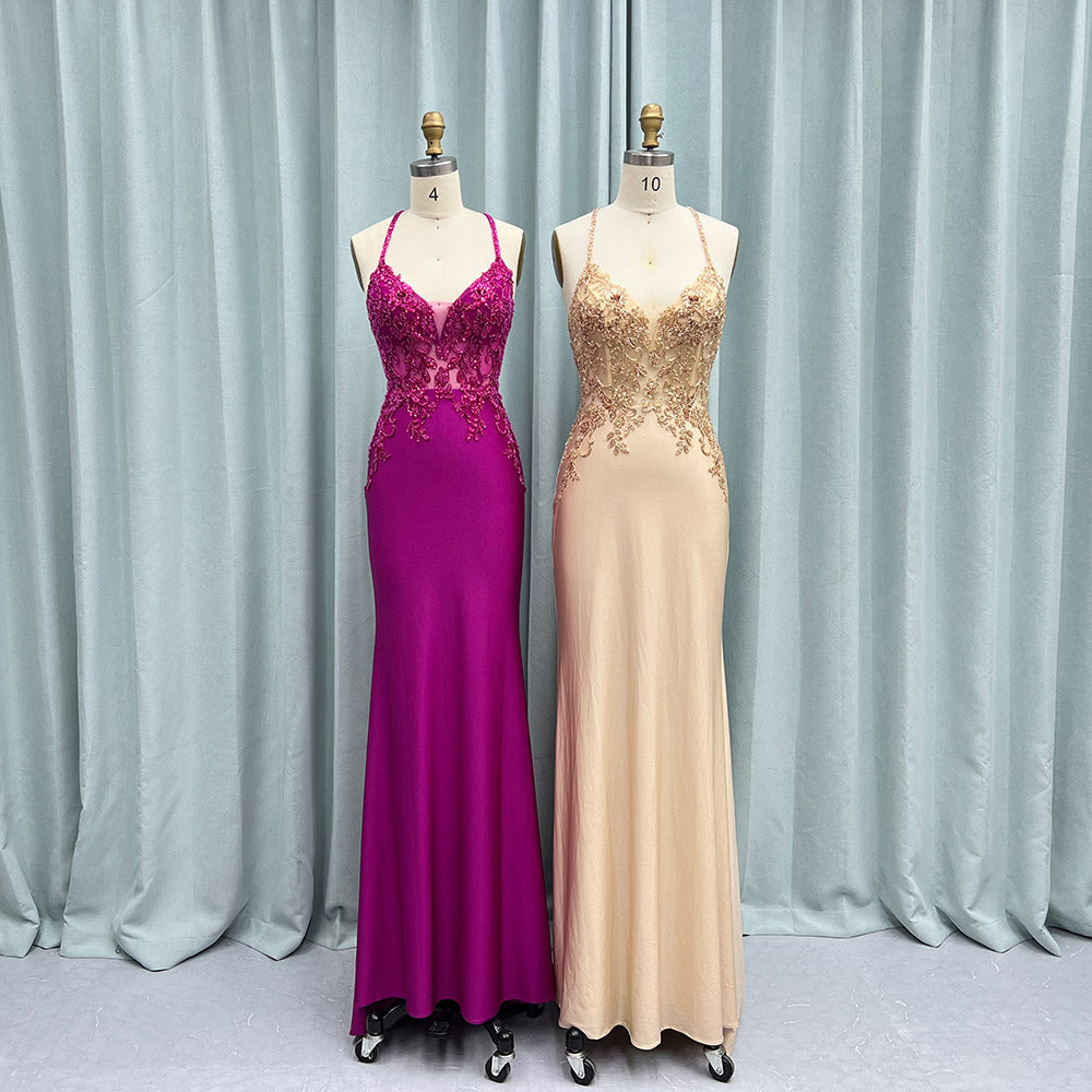 YQLNNE 05 Dusty Blue Beading Mermaid Prom Dresses Long Evening Gown
