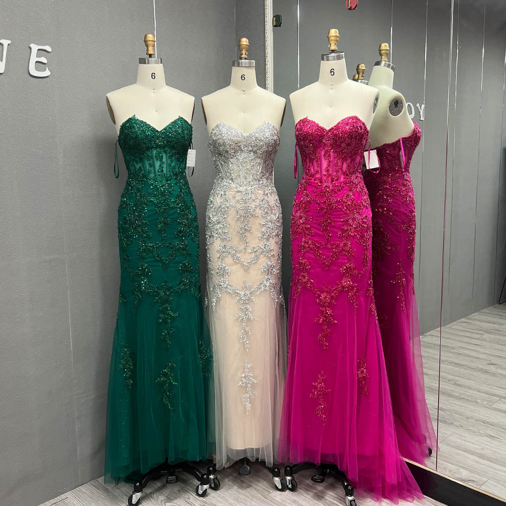 YQLNNE 012 Fuchsia Embroidery Beading Prom Dresses Long Mermaid Evening Gown Lace-up