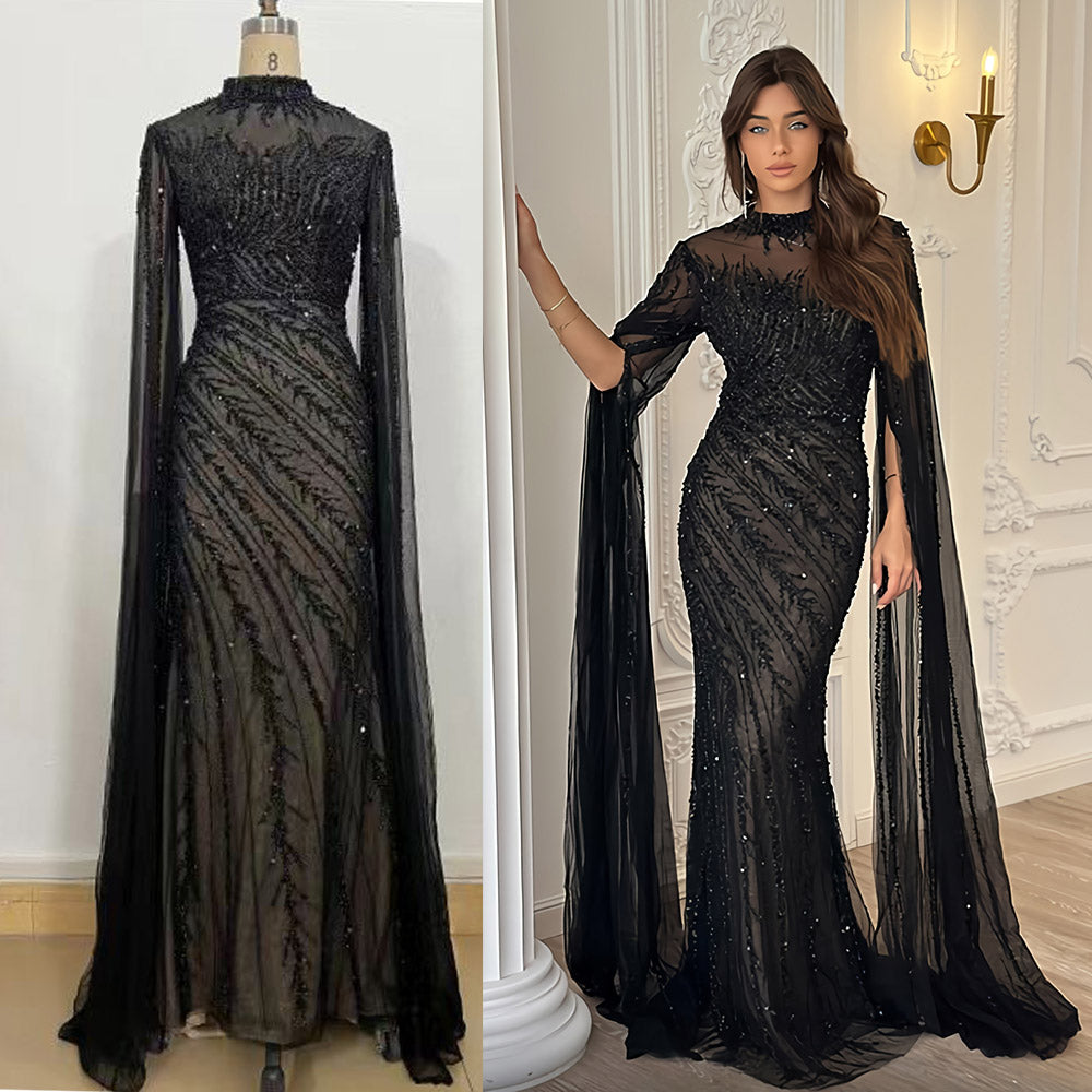 YQLNNE 049 Nude Handmade Beaded Evening Dress With Cape Sleeves
