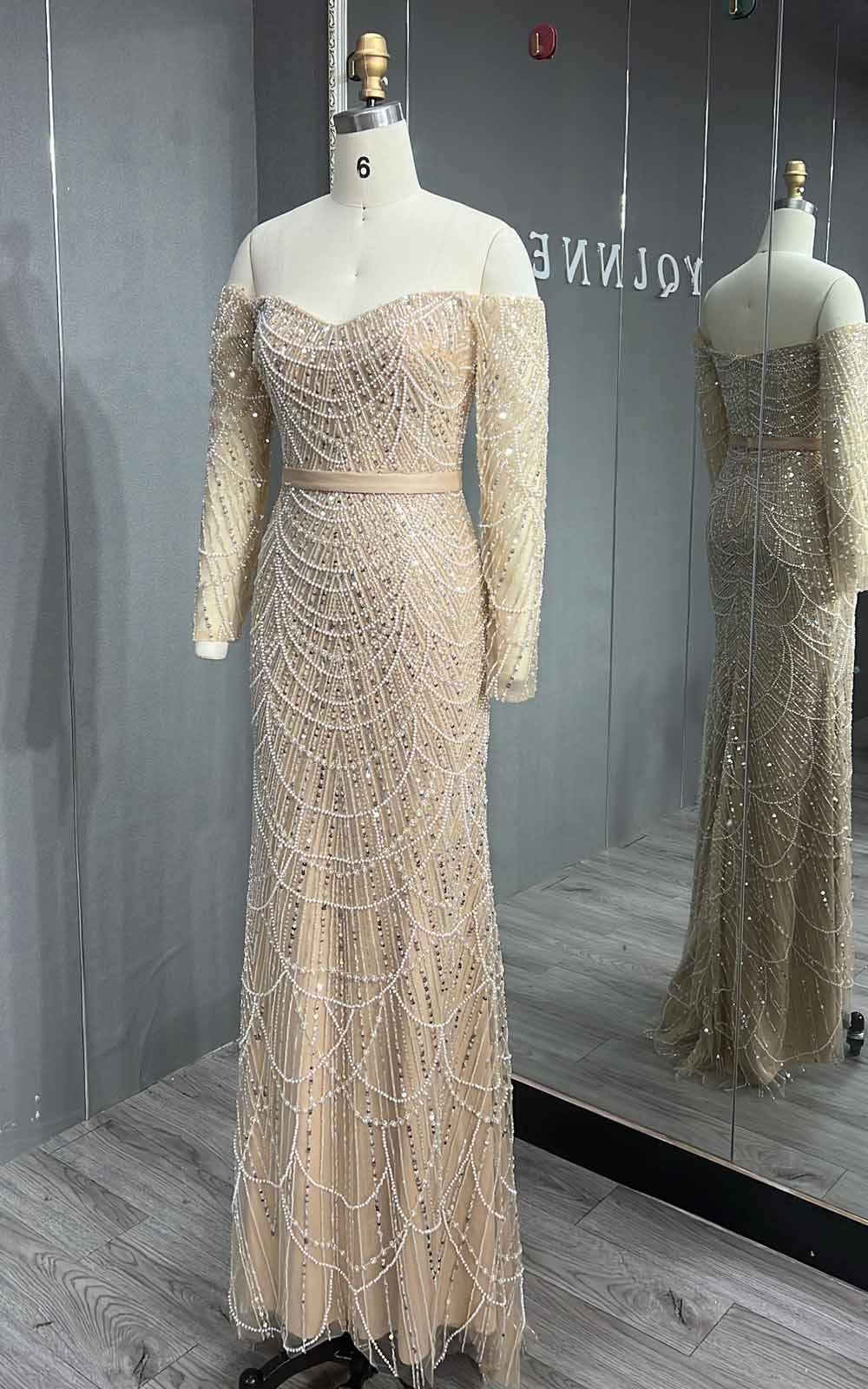YQLNNE 077 Nude Long Sleeves Pearls Beading Evening Dress Off Shoulder