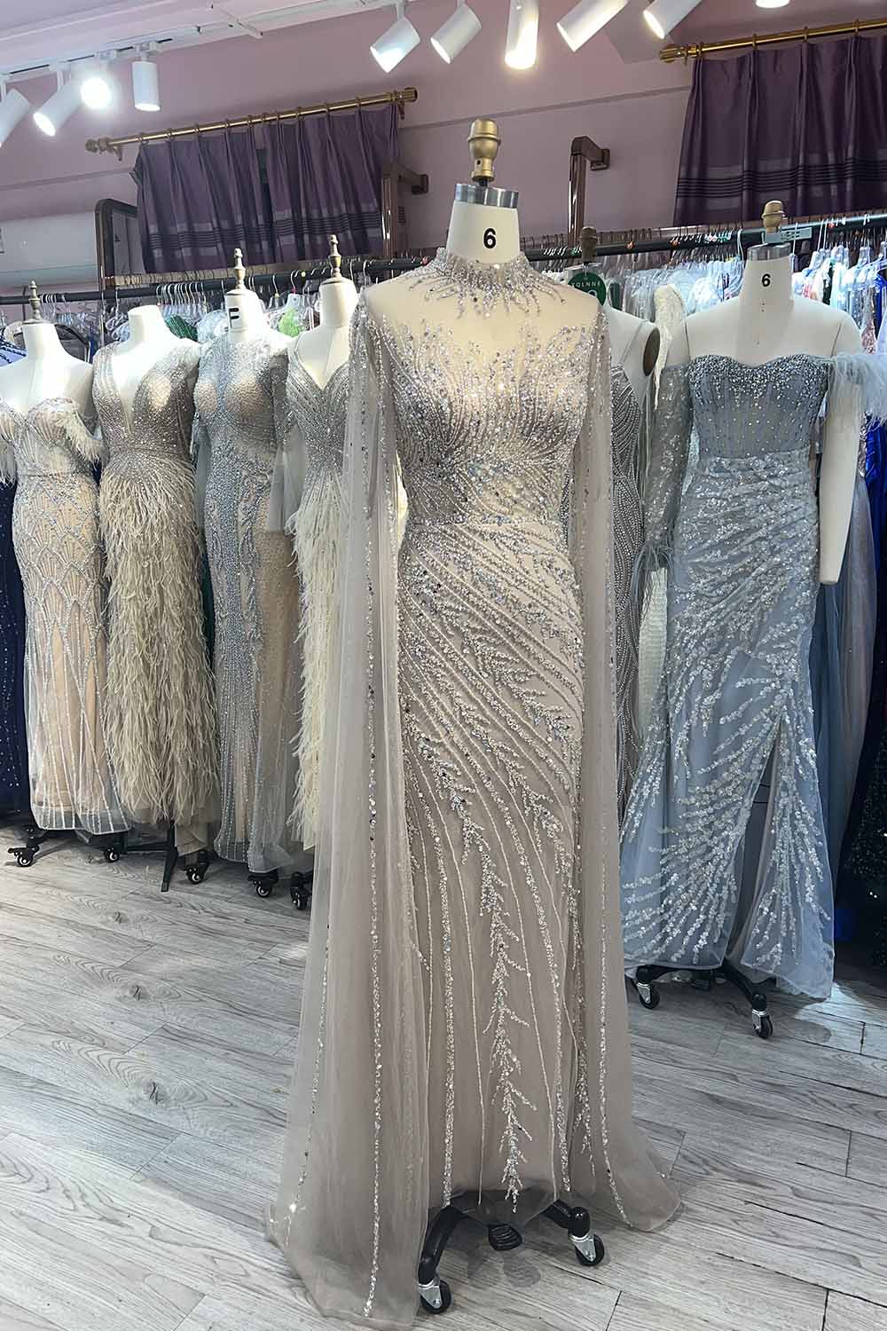 YQLNNE 049 Nude Handmade Beaded Evening Dress With Cape Sleeves