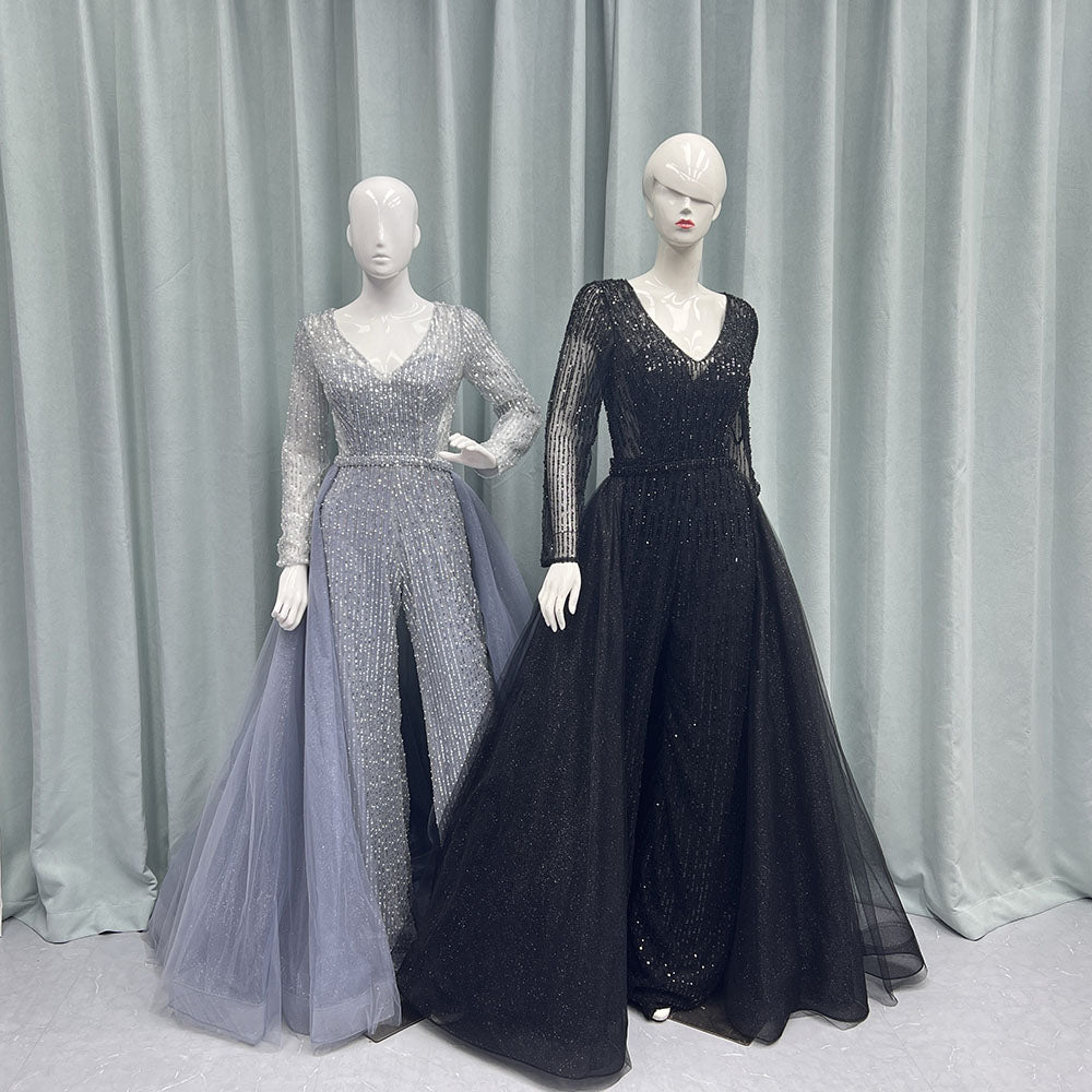 Black Full Sleeves Jumpsuit Beading Evening Party Gown With Removable Train