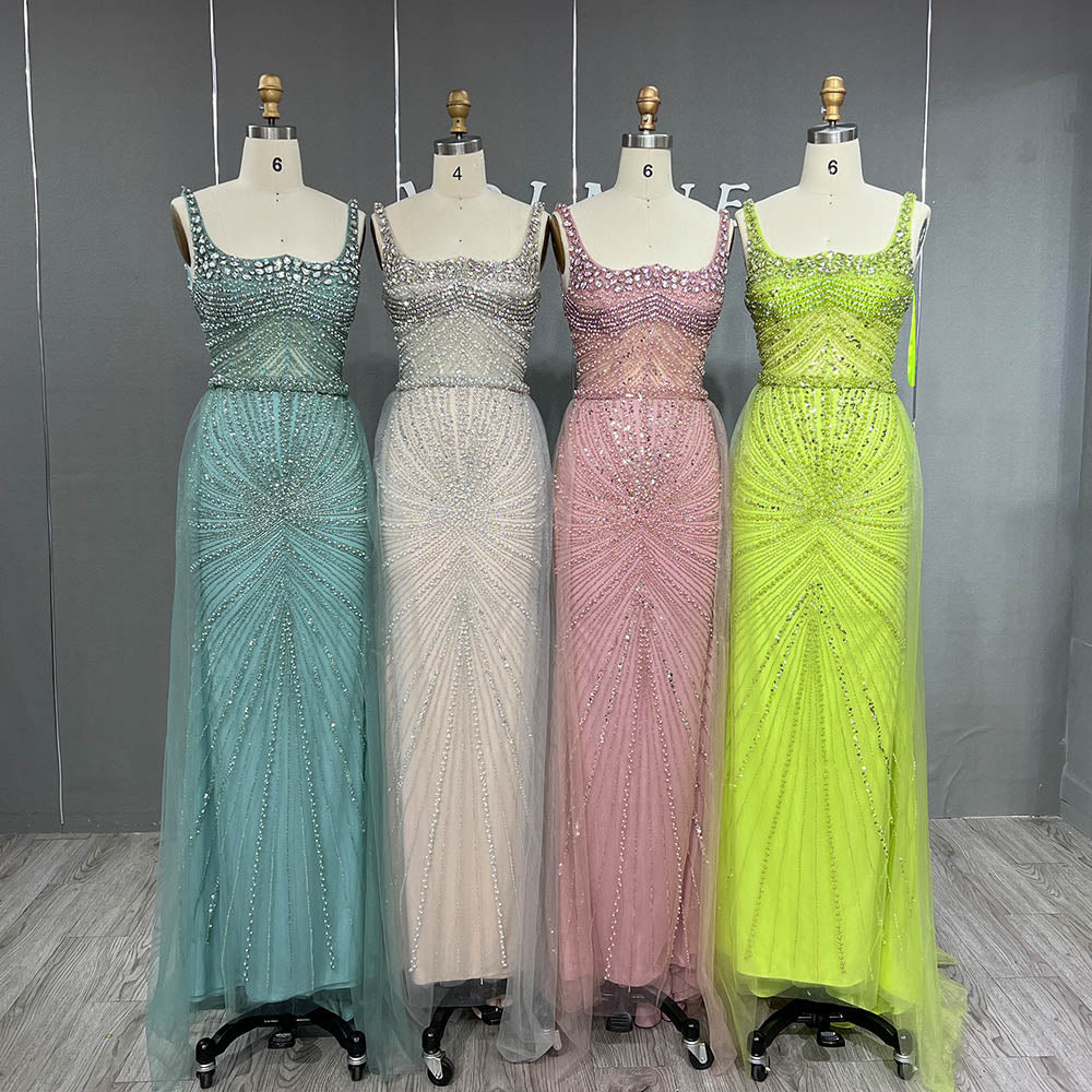 YQLNNE 042 Pink Crystals Beaded Evening Dress Long Mermaid Party Dress with Removeable Train