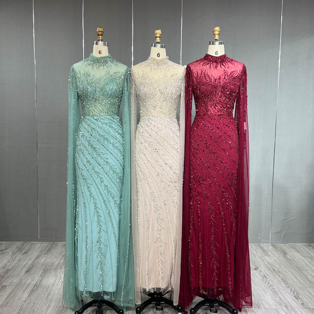 YQLNNE 049 Nude Handmade Beaded Evening Dress With Cape Sleeves