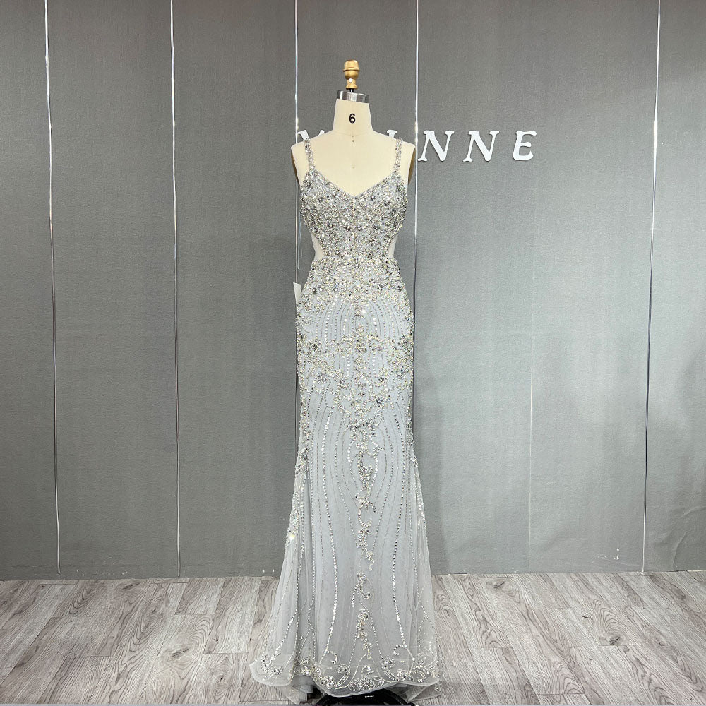 YQLNNE 063 Silver Crystals Beaded Mermaid Evening Dress Long Party Gown