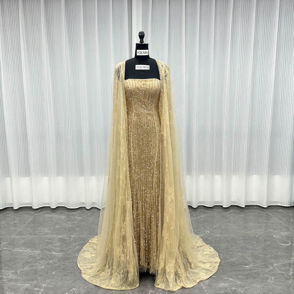 YQLNNE 051 Luxury Gold Crystals Beaded Evening Gown Formal Women Party Dress With Cape