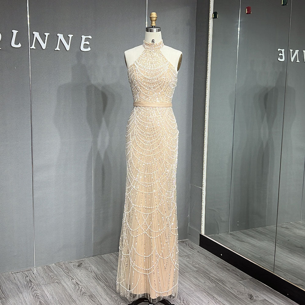 YQLNNE 073 Nude Pearls Beading Long Prom Dress Halter With Glovers