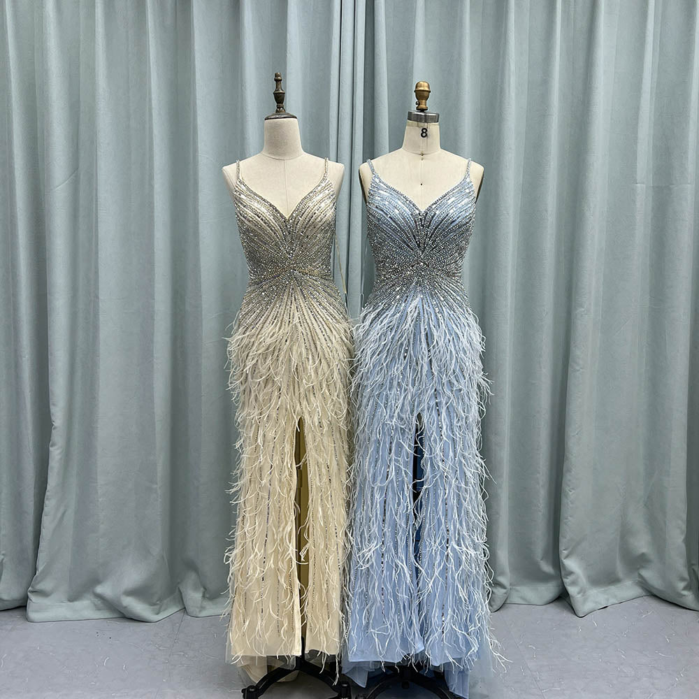 YQLNNE 043 Blue Feathers Crystals Long Evening Dresses Straps Tulle Beaded Weddding Party Gown Vestidos