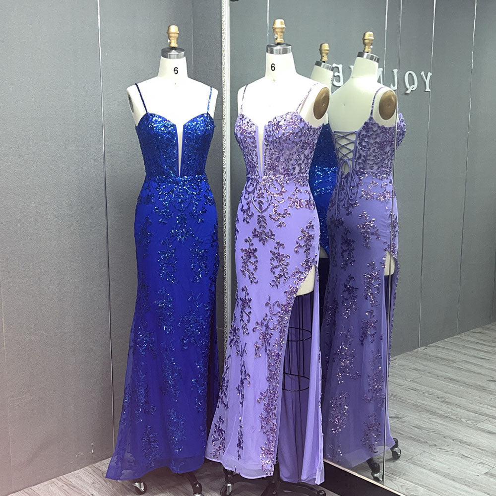 YQLNNE Royal Blue Long Slit Prom Dresses Straps Evening Gown