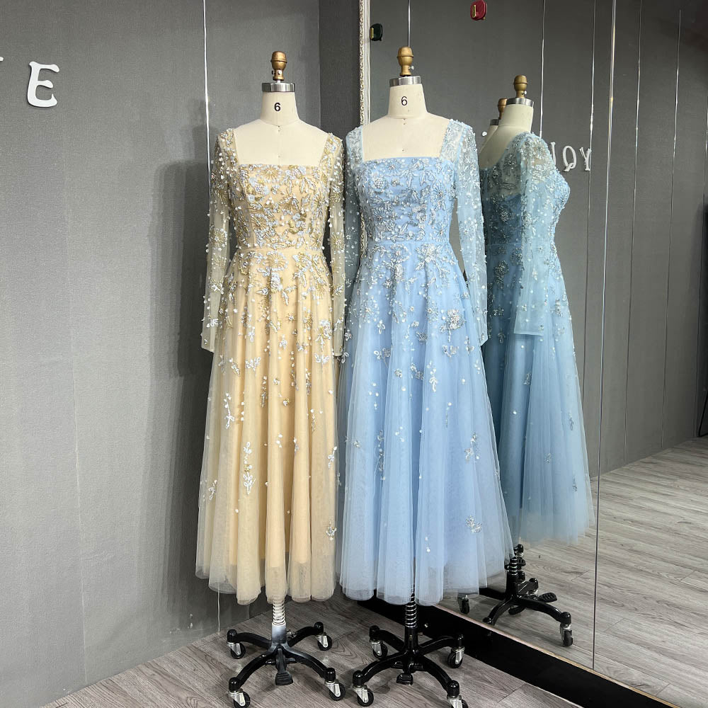 YQLNNE 081 Baby Blue Long Sleeves Evening Dress Square Collar Crystals Beaded Formal Gown