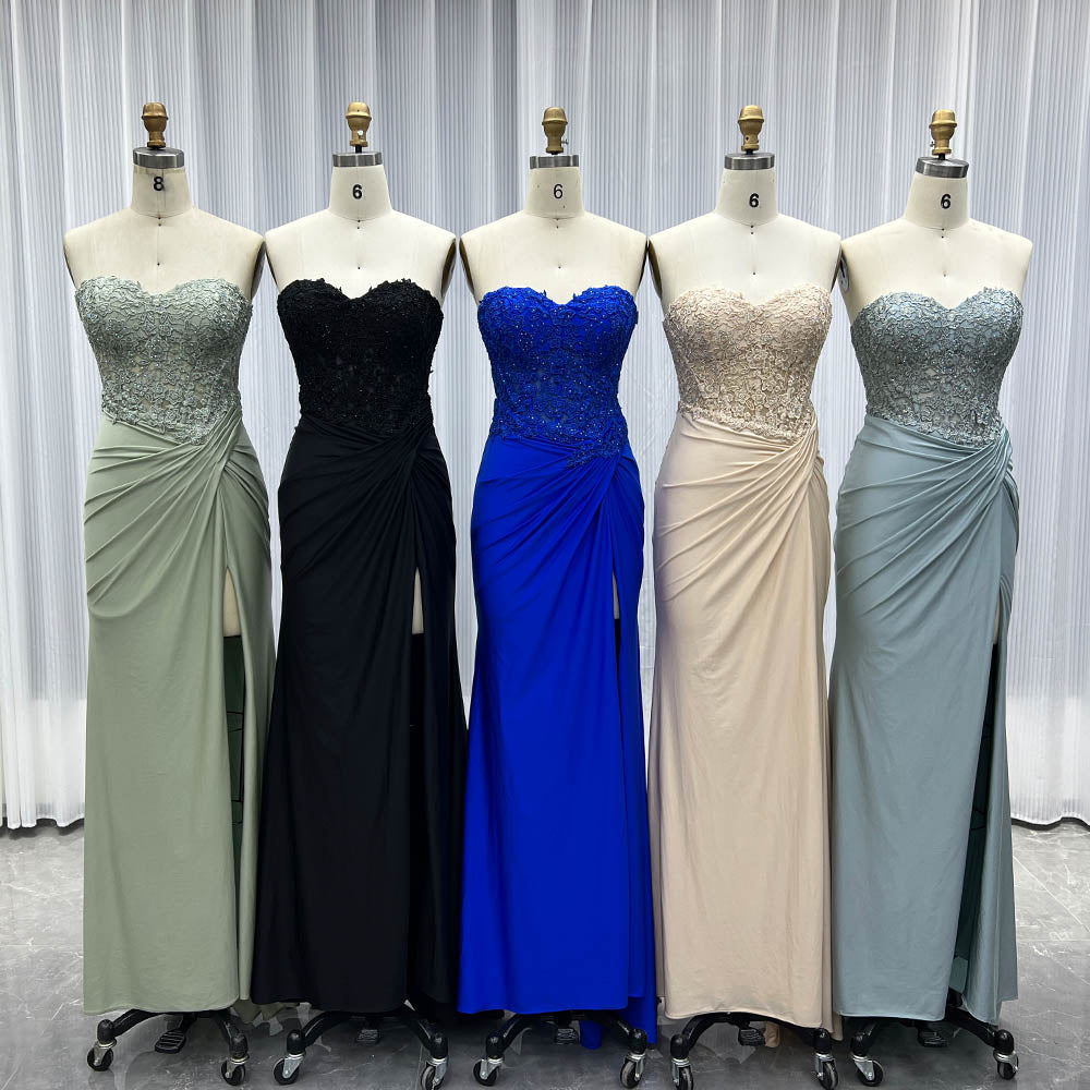 YQLNNE 03 Royal Blue Strapless Long Prom Dress With Appliques Crystals