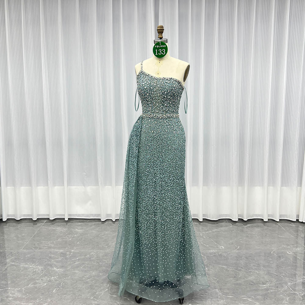YQLNNE 0133 Sparkly Pine Green Crystals Evening Dress One Shoulder Long Glitter Prom Gown