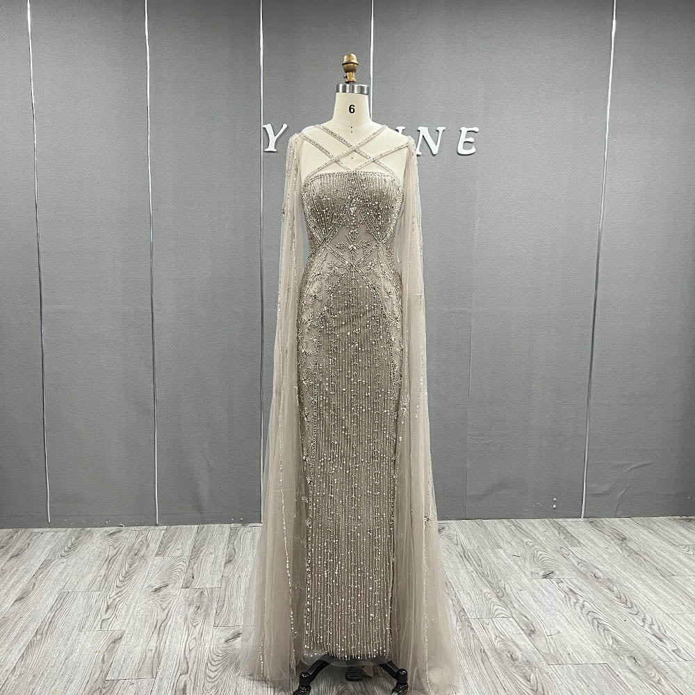 YQLNNE 088 Luxury Nude Crystals Evening Dress With Cape