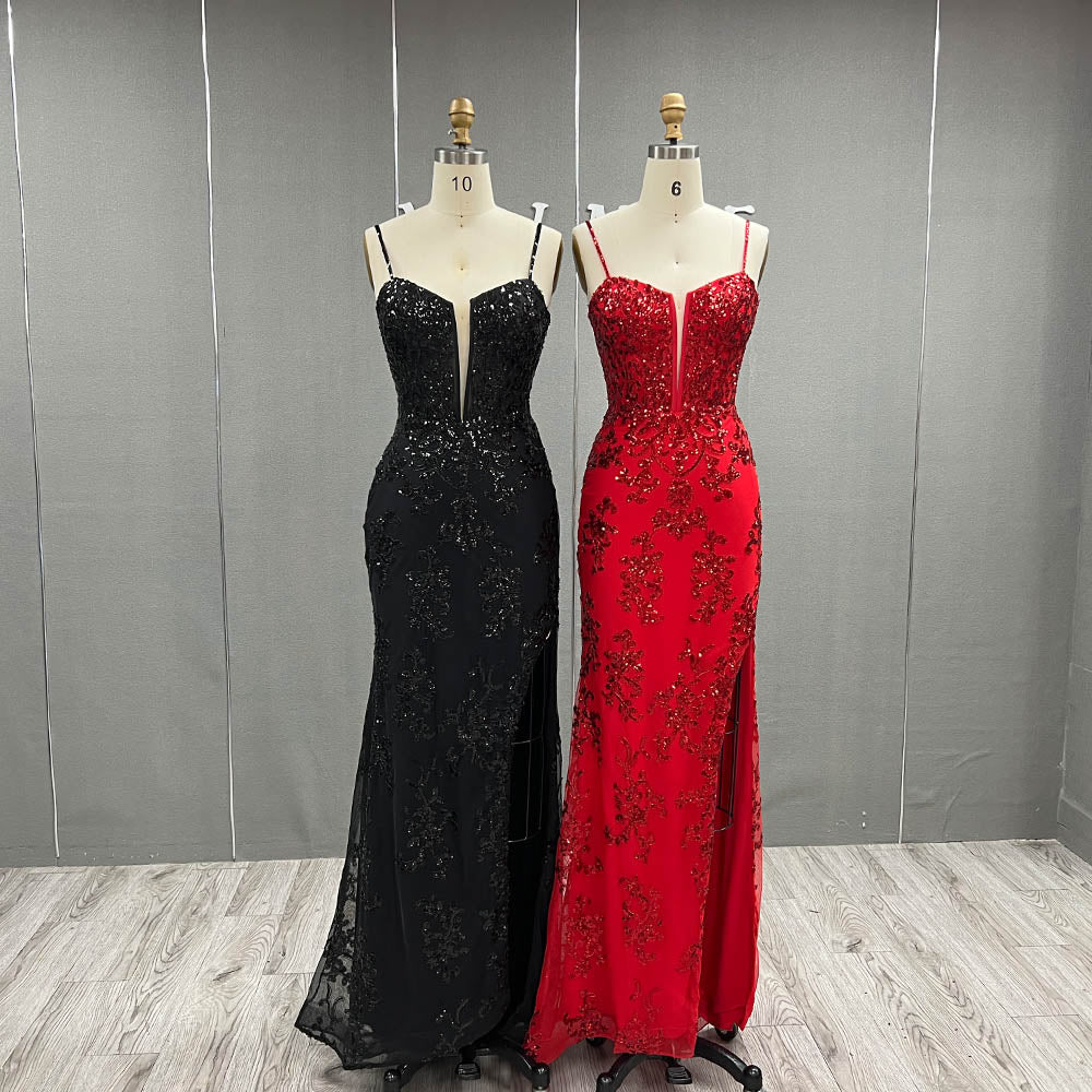YQLNNE Red Straps Sequined Prom Dresses Long Slit Evening Gowns