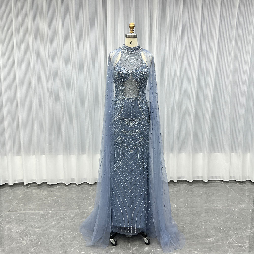 YQLNNE 050 Dusty Blue Handmade Rhinestones Beaded Long Evening Dress Formal Party Gown