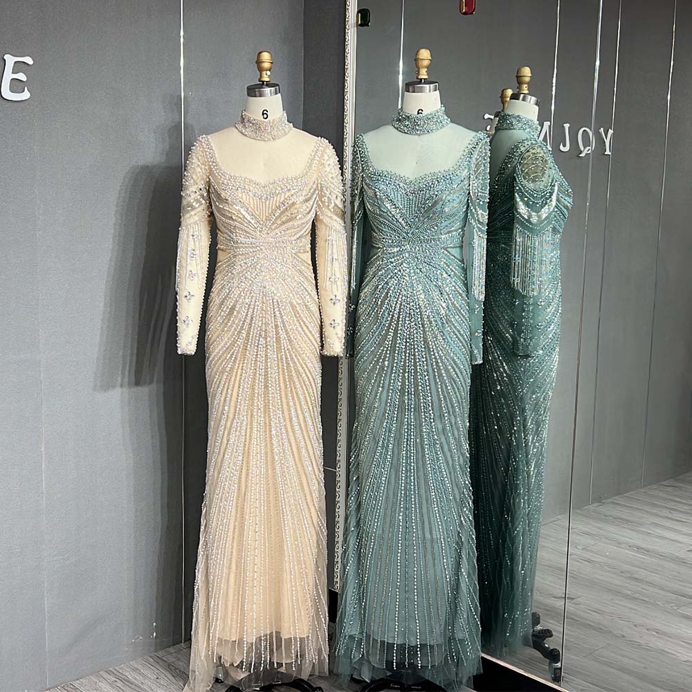 YQLNNE 053 Beige Long Sleeves Evening Dress Crystals Beaded Formal Women Gown Modest
