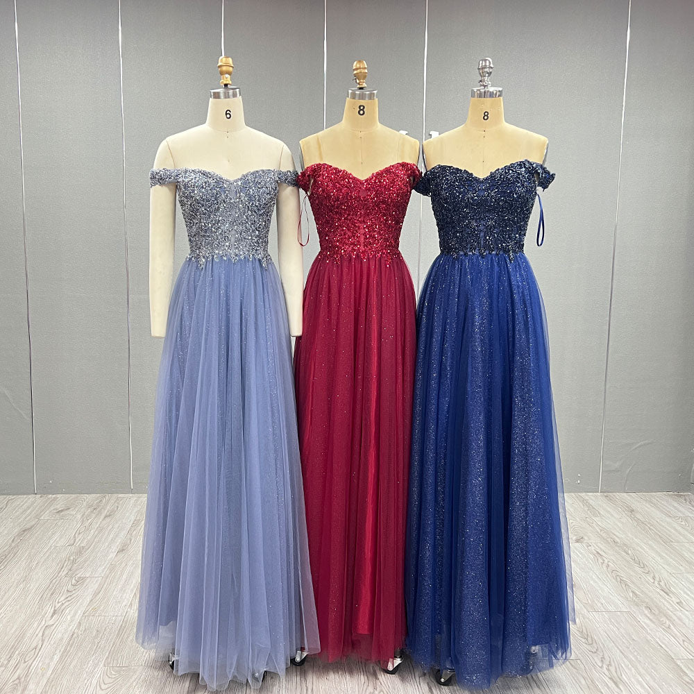 YQLNNE 101 Navy Blue Beading Long Prom Dress Off the Shoulder Party Gown