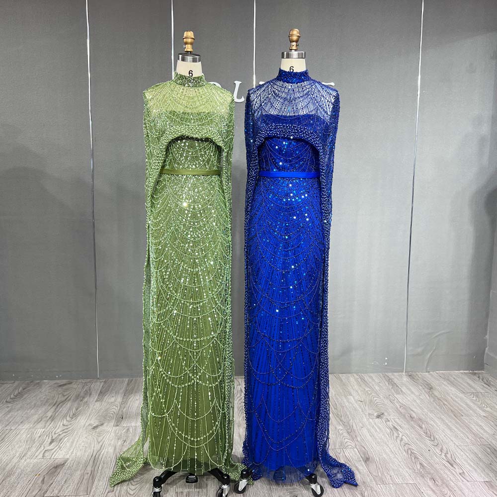 YQLNNE 3007 Royal Blue Pearls Beaded Evening Dress Mermaid