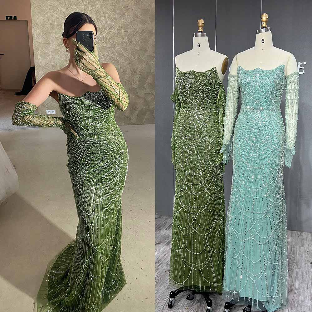 YQLNNE 076 Greenery Beading Evening Dress Mermaid Formal Gown With Gloves