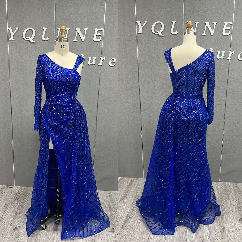 YQLNNE 0122 Royal Blue One Shoulder Crystals Beaded Long Evening Dress With Slit