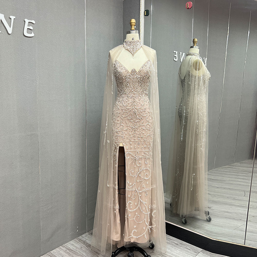 YQLNNE 036 Nude Rhinestones Evening Dress Long Mermaid Gown With Shawl