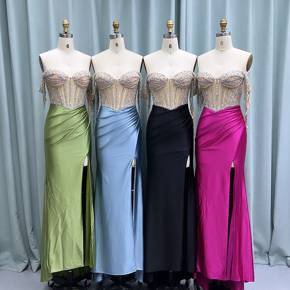 YQLNNE 010 Blue Satin Crystals Prom Dresses Long Slit Off the Shoulder Evening Party Gown