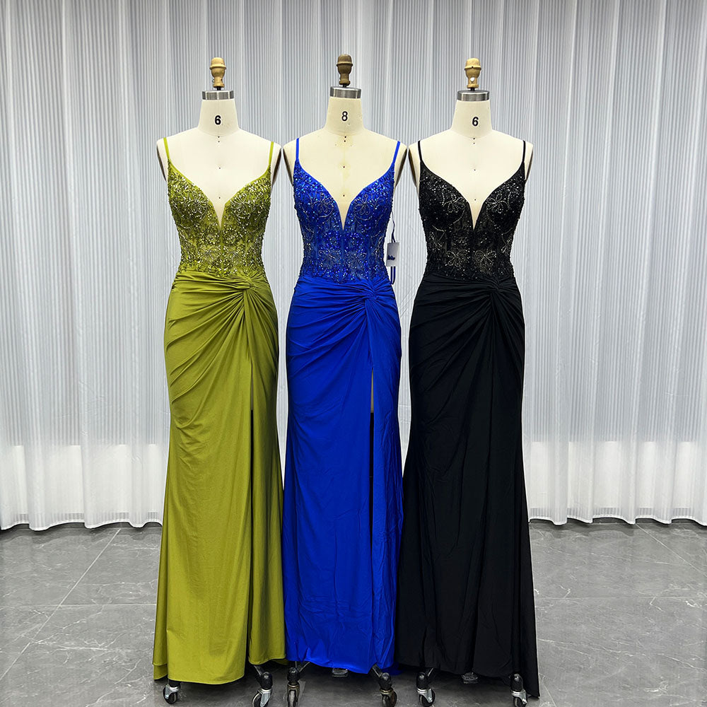 YQLNNE 09 Royal Blue Straps Long Prom Dresses Cystals Beaded Women Party Dress