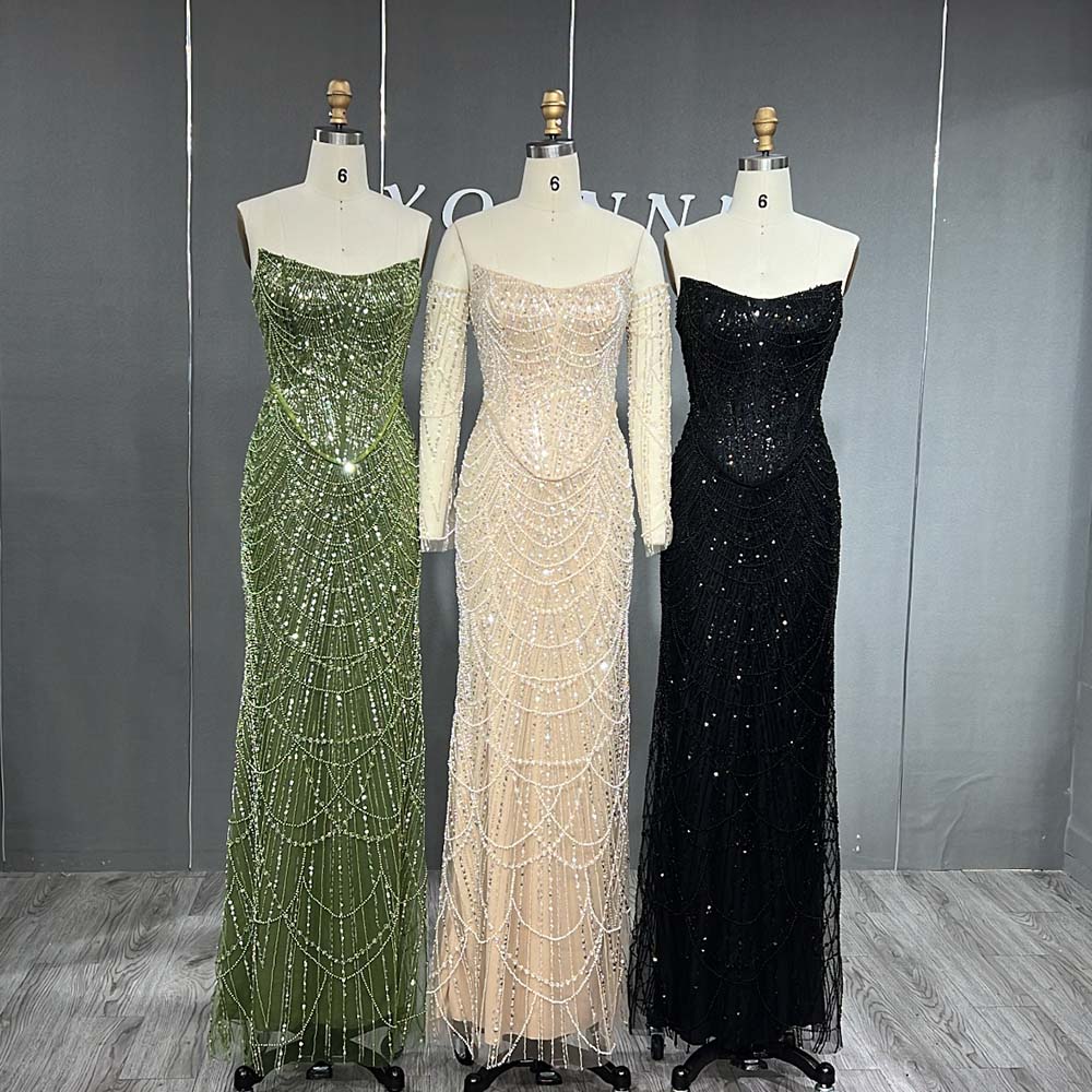 YQLNNE 073 Nude Pearls Beading Long Evening Dress Mermaid Prom Party Gown