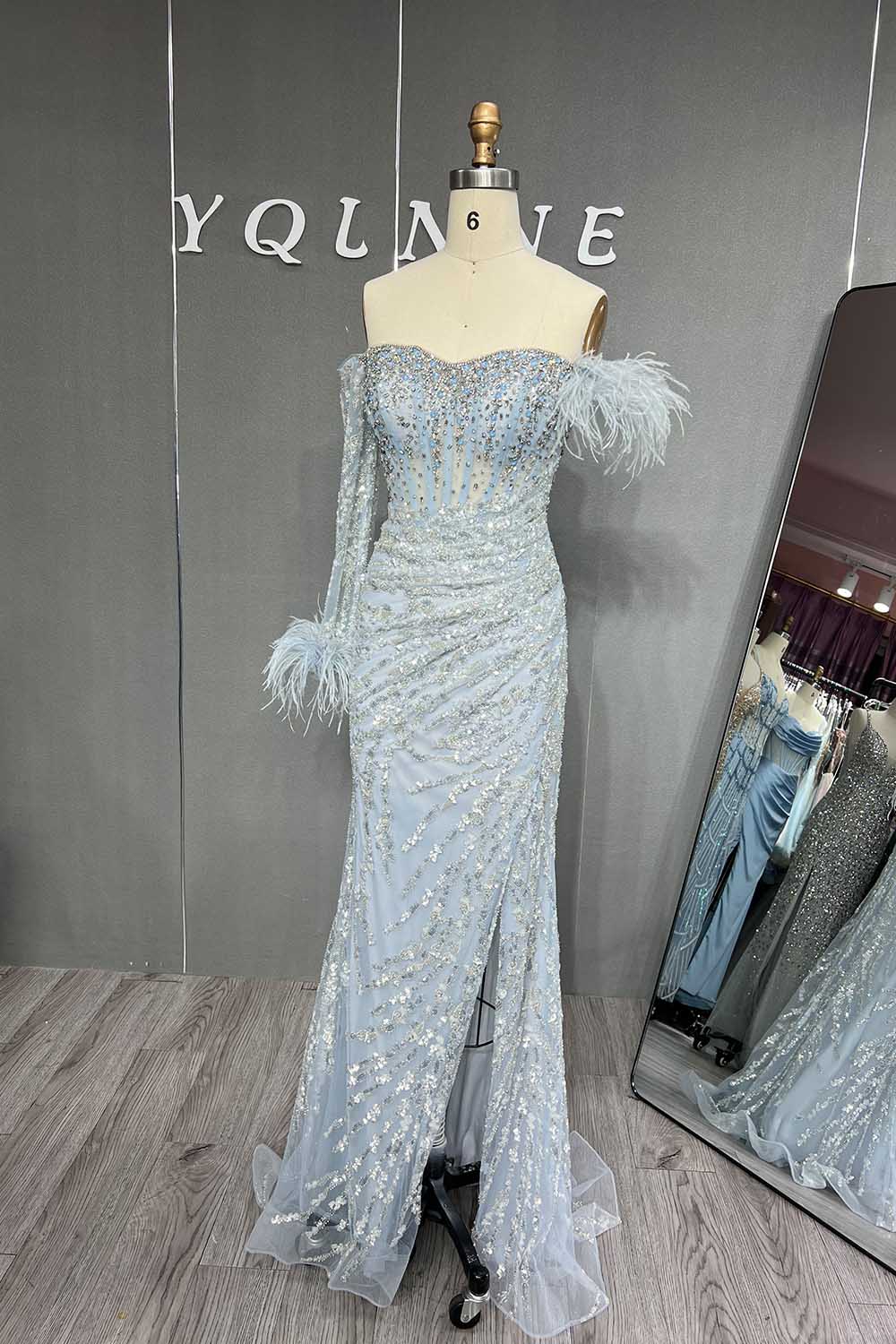 YQLNNE 047 Baby Blue Feathers Long Sleeves Evening Gown Mermaid Formal Dresses