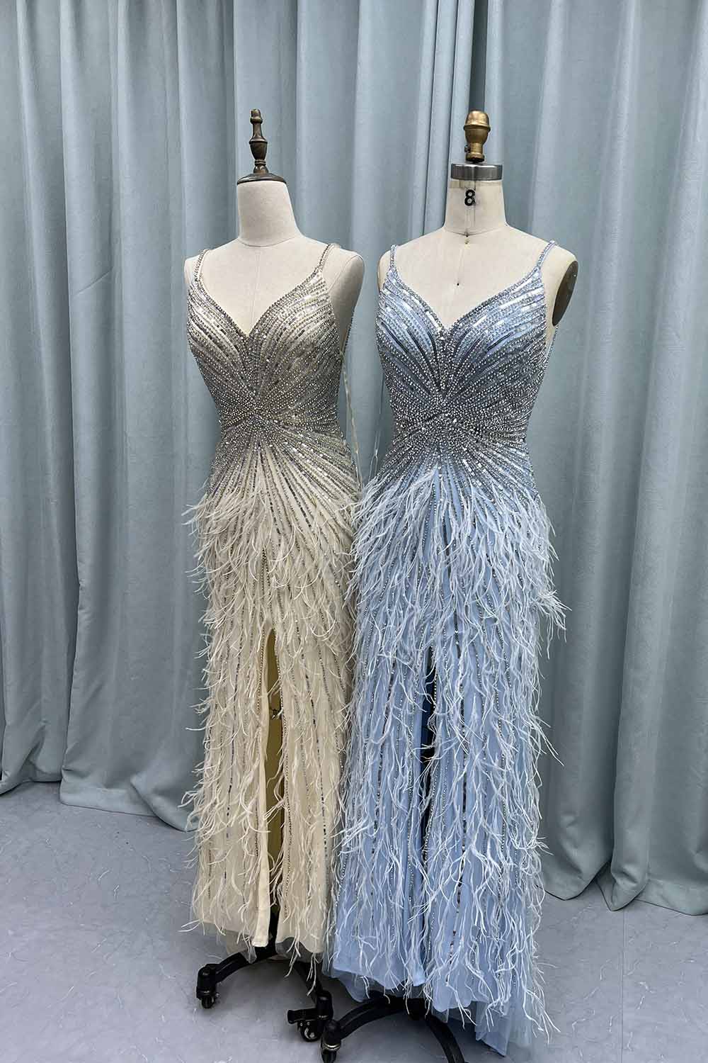 YQLNNE 043 Blue Feathers Crystals Long Evening Dresses Straps Tulle Beaded Weddding Party Gown Vestidos