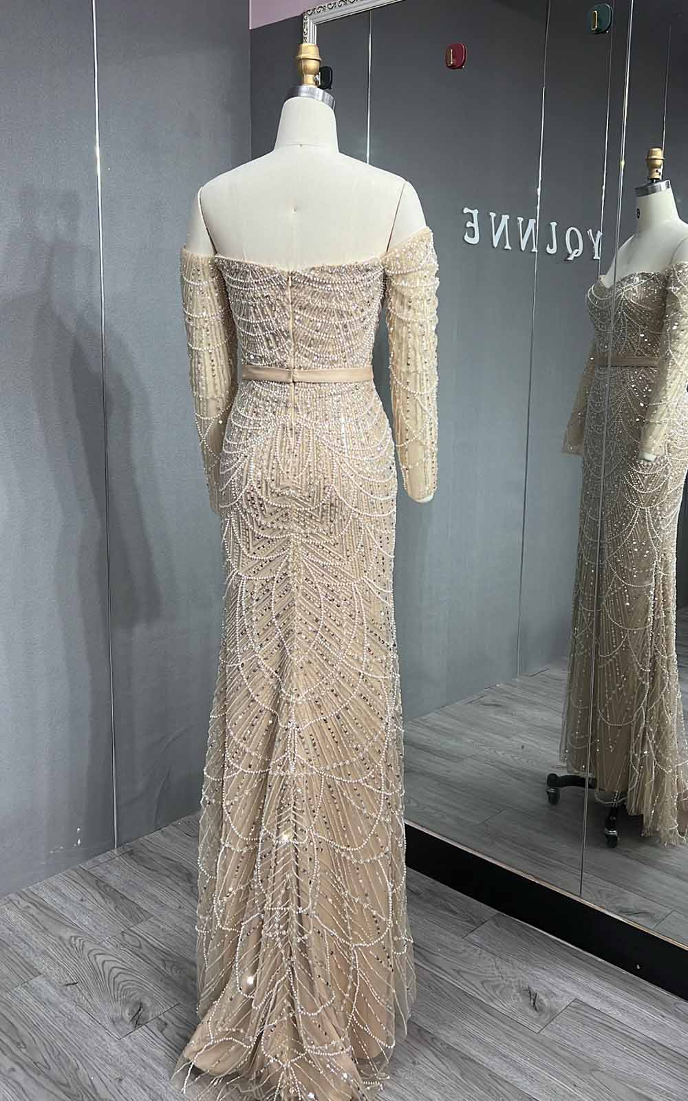 YQLNNE 077 Nude Long Sleeves Pearls Beading Evening Dress Off Shoulder