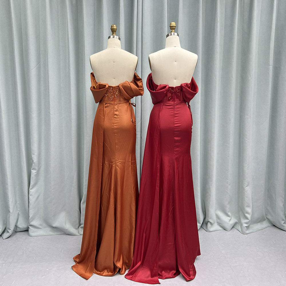 YQLNNE 016 Wine Red Satin Off the Shoulder High Slit Long Prom Dresses Mermaid Red Carpet Gown Vestidos de Gala