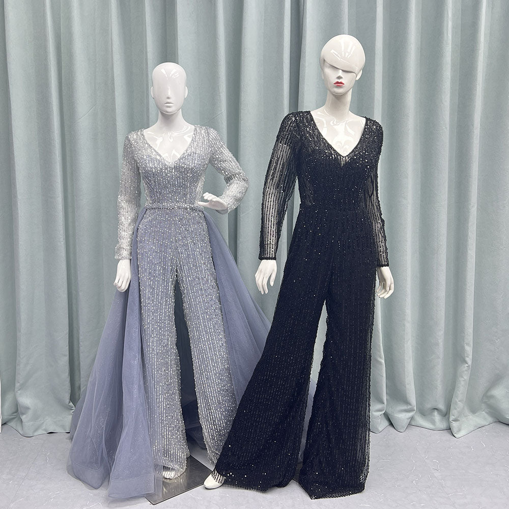 Black Full Sleeves Jumpsuit Beading Evening Party Gown With Removable Train