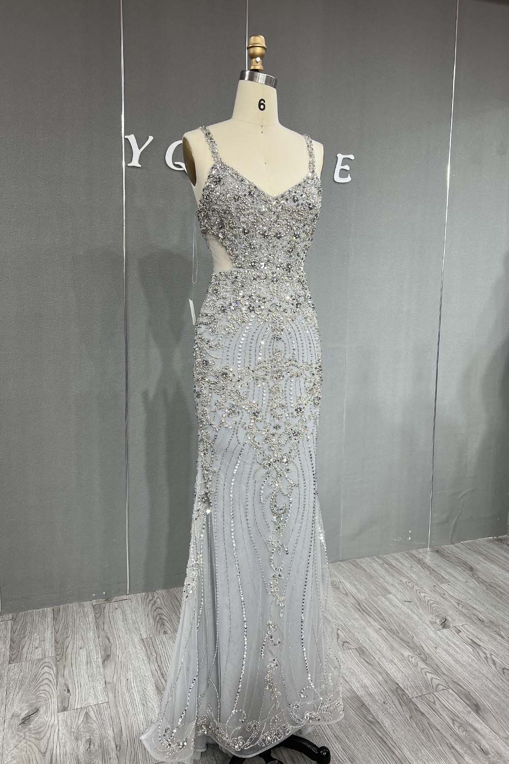 YQLNNE 063 Silver Crystals Beaded Mermaid Evening Dress Long Party Gown