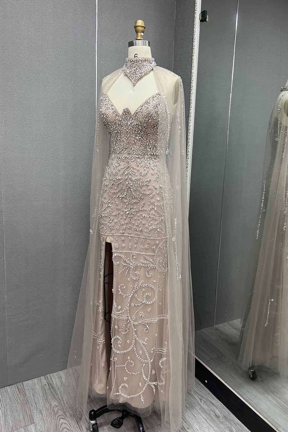 YQLNNE 036 Nude Rhinestones Evening Dress Long Mermaid Gown With Shawl