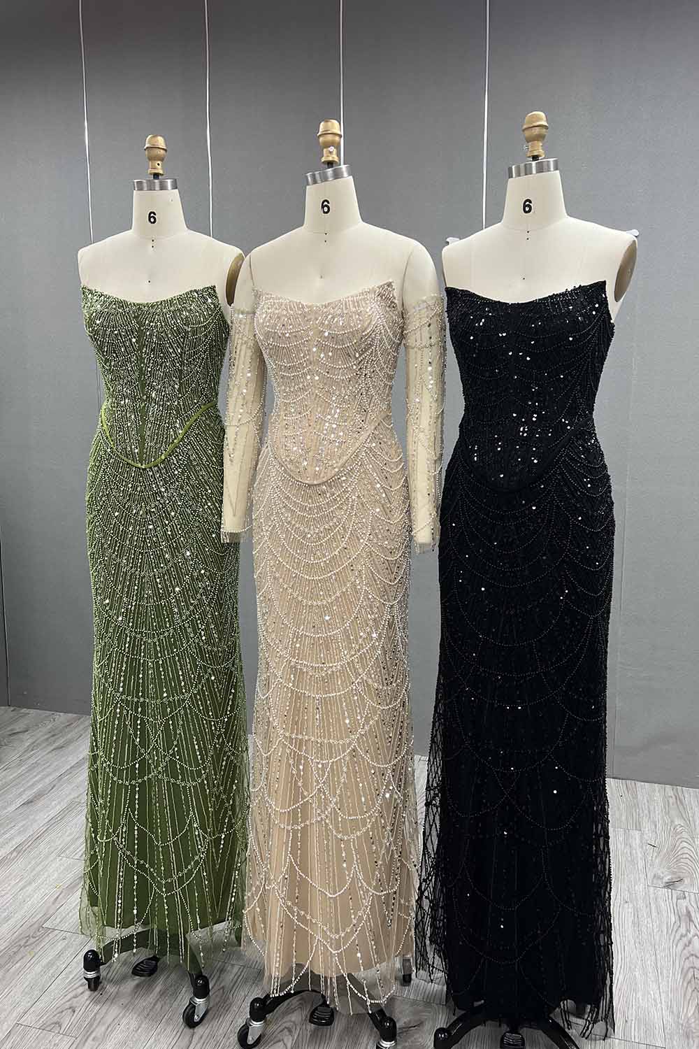 YQLNNE 073 Nude Pearls Beading Long Evening Dress Mermaid Prom Party Gown