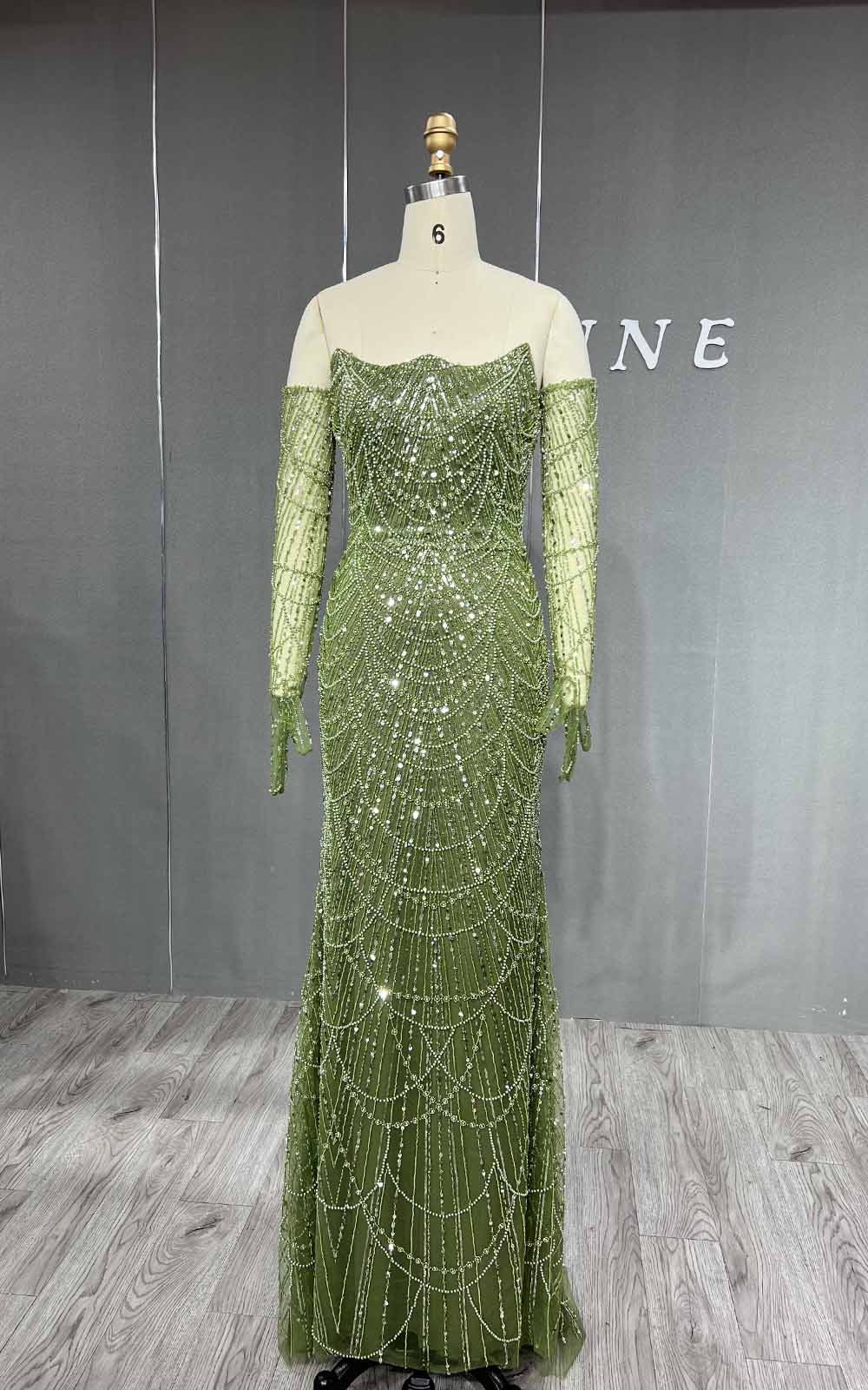 YQLNNE 076 Greenery Beading Evening Dress Mermaid Formal Gown With Gloves