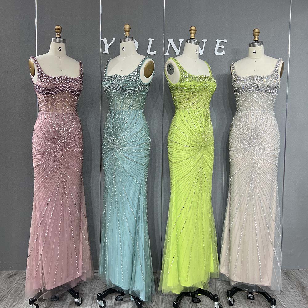 YQLNNE 042 Pink Crystals Beaded Evening Dress Long Mermaid Party Dress with Removeable Train