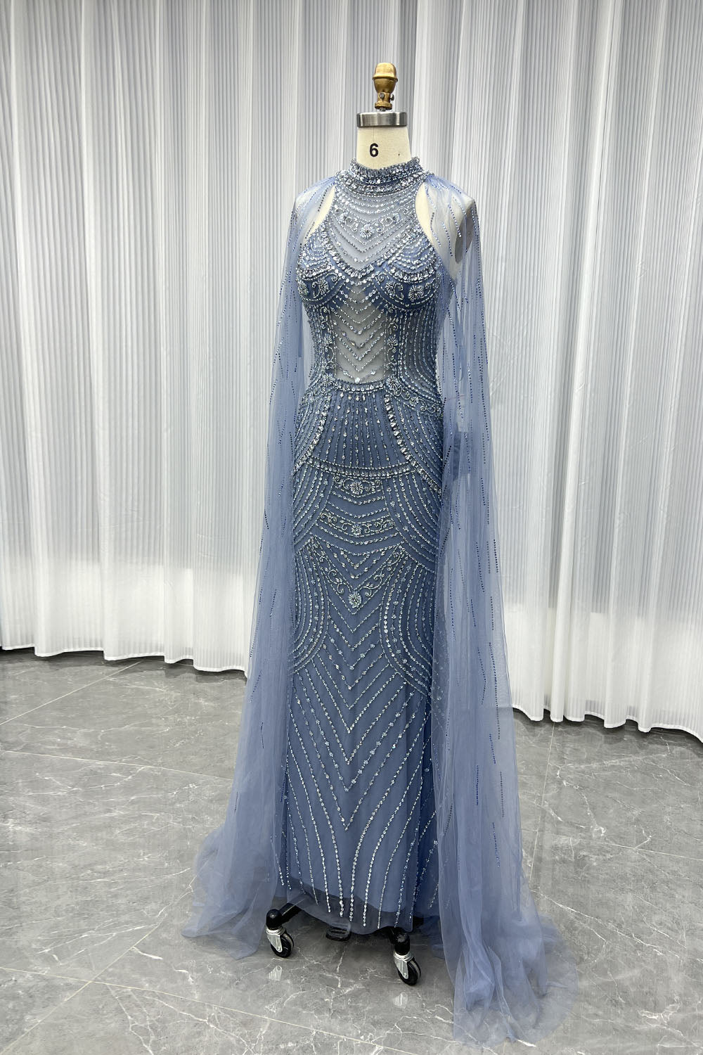 YQLNNE 050 Dusty Blue Handmade Rhinestones Beaded Long Evening Dress Formal Party Gown