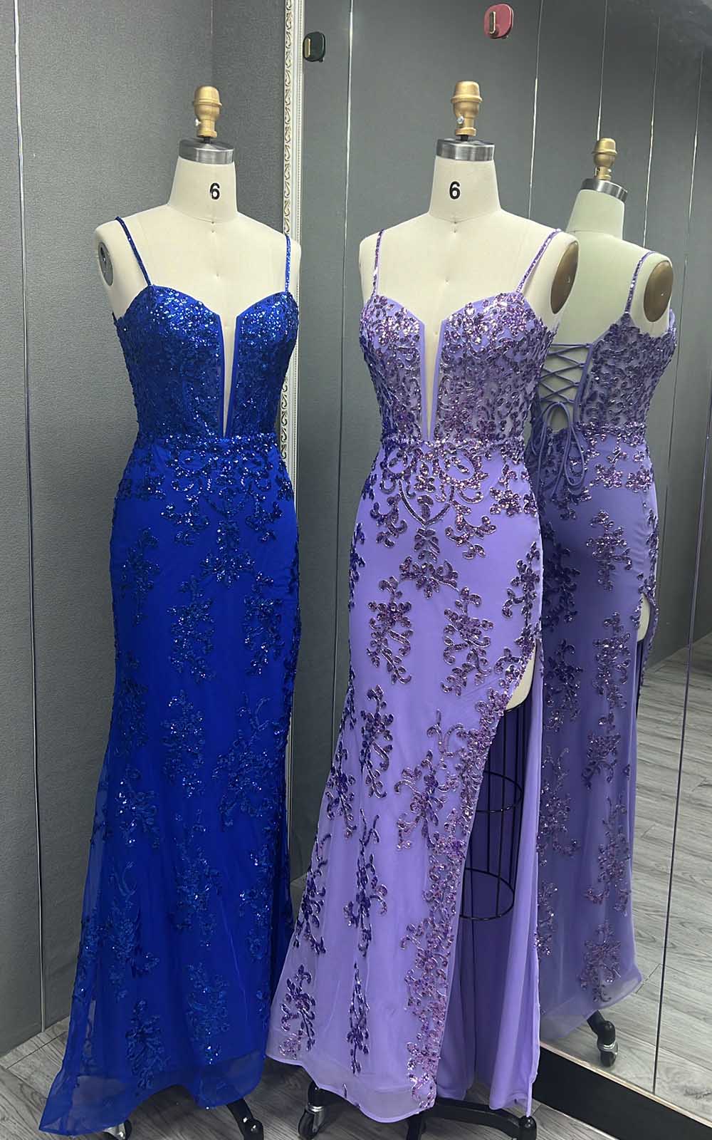 YQLNNE Royal Blue Long Slit Prom Dresses Straps Evening Gown