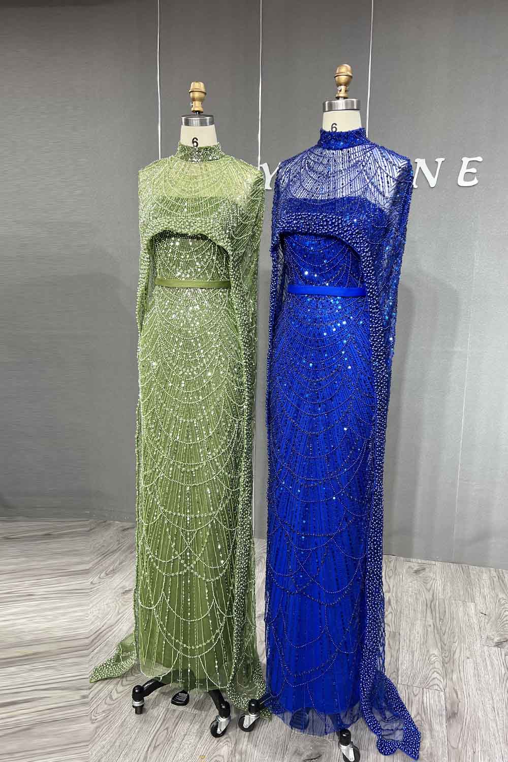 YQLNNE 3007 Royal Blue Pearls Beaded Evening Dress Mermaid