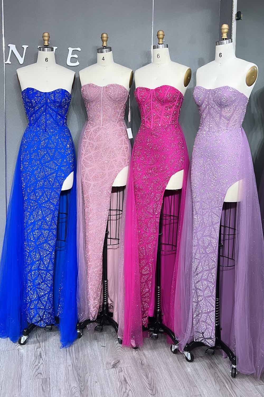 YQLNNE 070 Sparkly Glitter Strapless Long Prom Dress With Removable Train