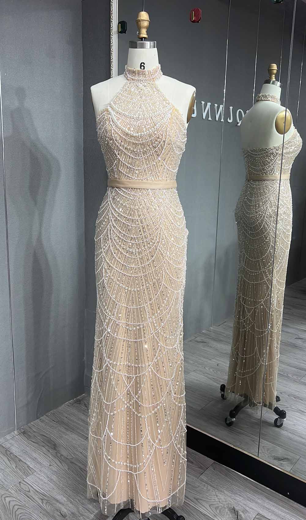 YQLNNE 073 Nude Pearls Beading Long Prom Dress Halter With Glovers