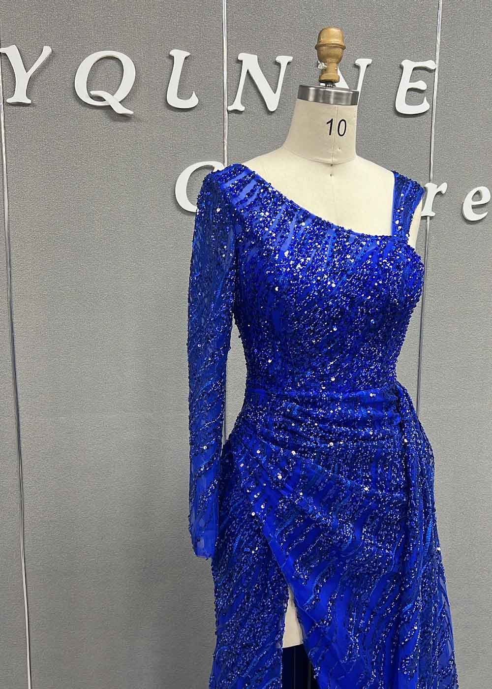 YQLNNE 0122 Royal Blue One Shoulder Crystals Beaded Long Evening Dress With Slit