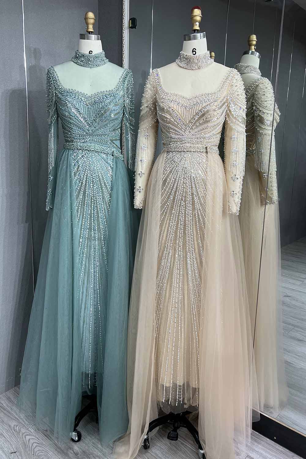 YQLNNE 053 Sage Green Full Sleeves Evening Dress Crystals Beaded Formal Gown