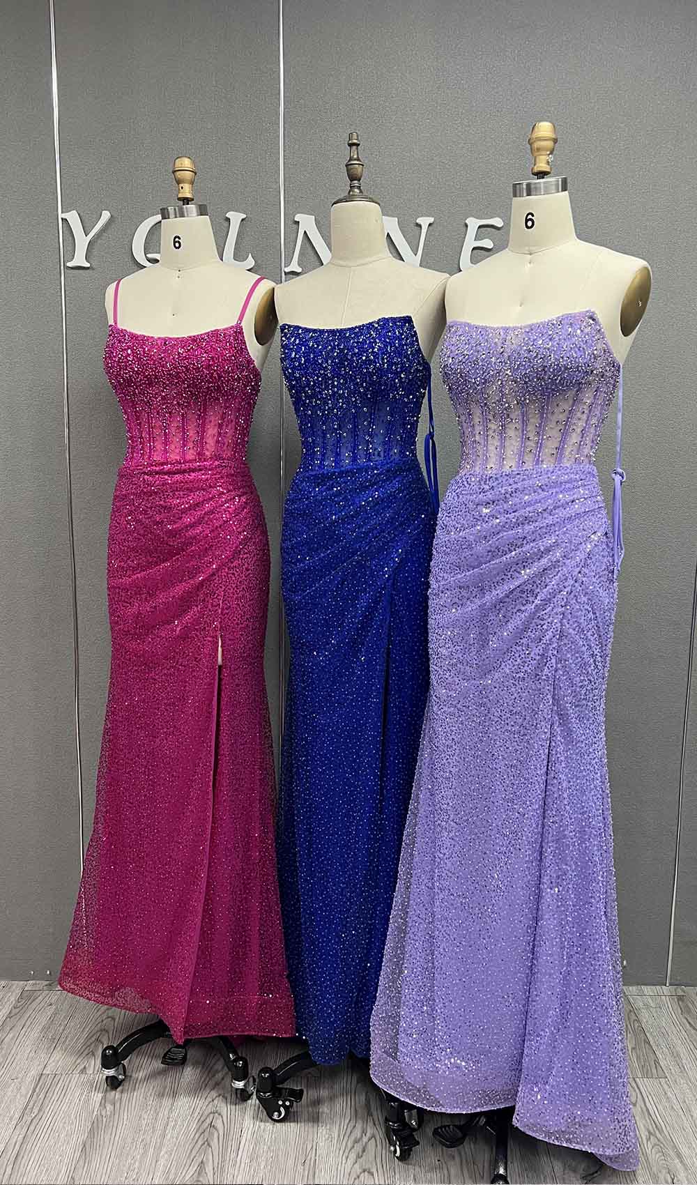 YQLNNE 06 Royal Blue Long Crystals Beaded Slit Prom Dresses With Straps